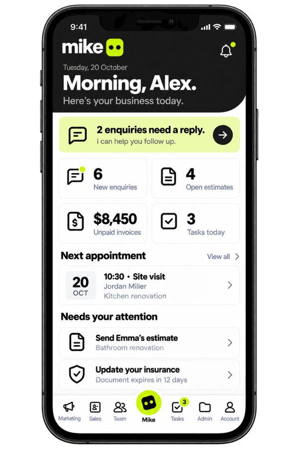 Mike app dashboard showing enquiries, estimates, invoices and tasks